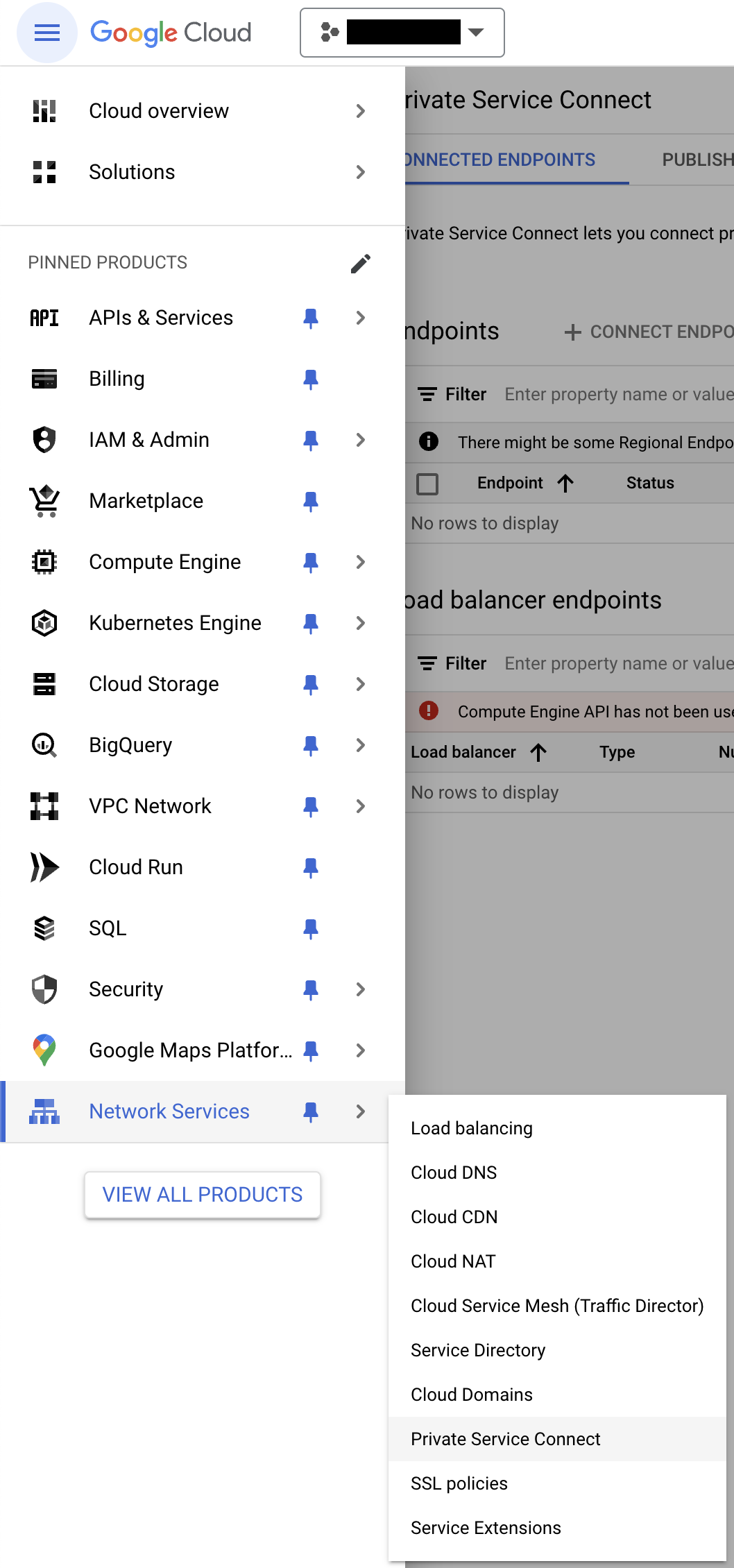 GCP console showing Network Services, and the View All Products button